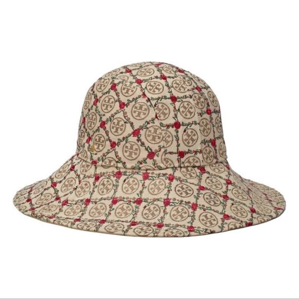 Tory Burch OS Beige Tan Red Monogram Embroidered Climbing Rose Bucket Hat - Picture 2 of 11